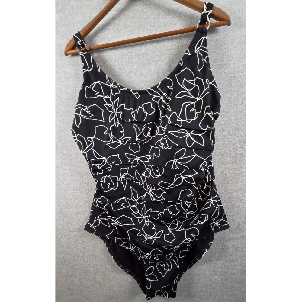 Calvin‎ Klein 18 One Piece Bathing Swim Suit Black White Geo Floral Whimsigoth